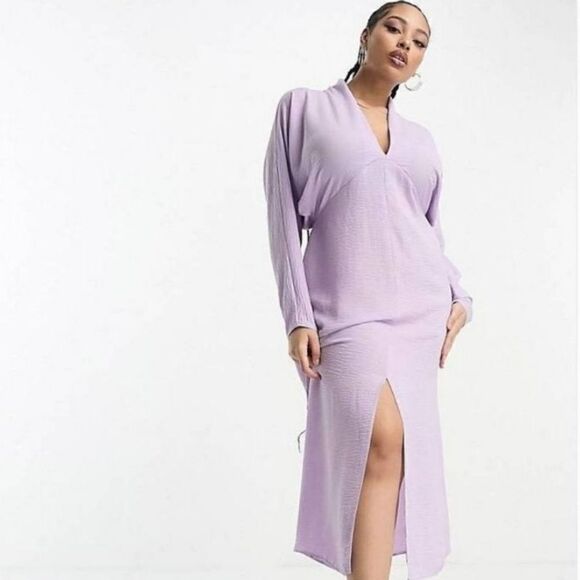 Asos Design Curve Plunge Neck Batwing Midi Dress in Lilac  NWT Size 10 - Picture 1 of 7
